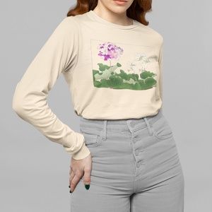 Japanese Primrose Flowers Ukyio-e Print Long Sleeve Graphic Tee T-shirt S M L XL